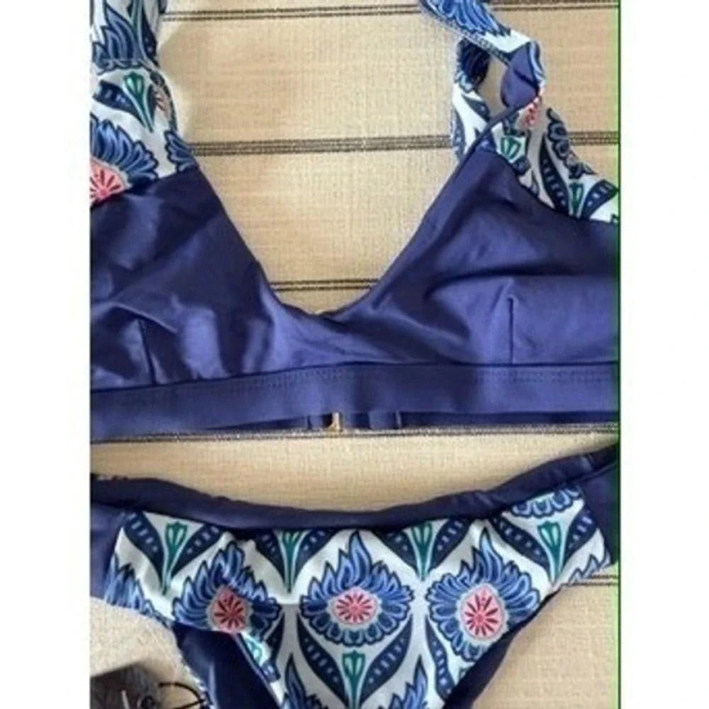 Tavik Swimwear Womens Blue Floral Geometric Bikini Set Two Piece Swimsuit NWT S
